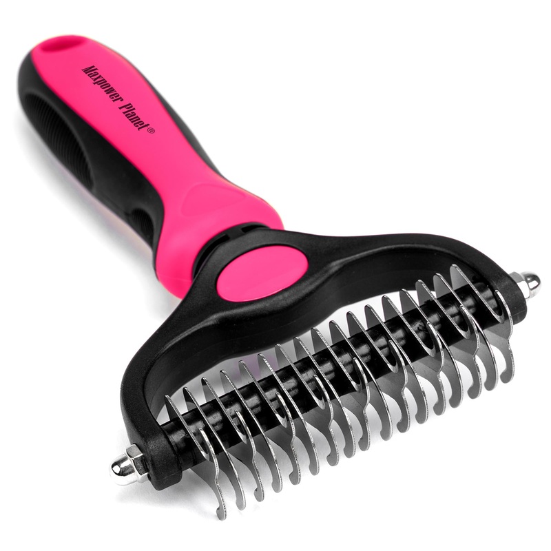 Maxpower Planet Hair Brush – Double Sided Shedding, Dematting Undercoat Rake for Dogs, Cats – Extra Wide Dog Grooming Brush, Pink Large