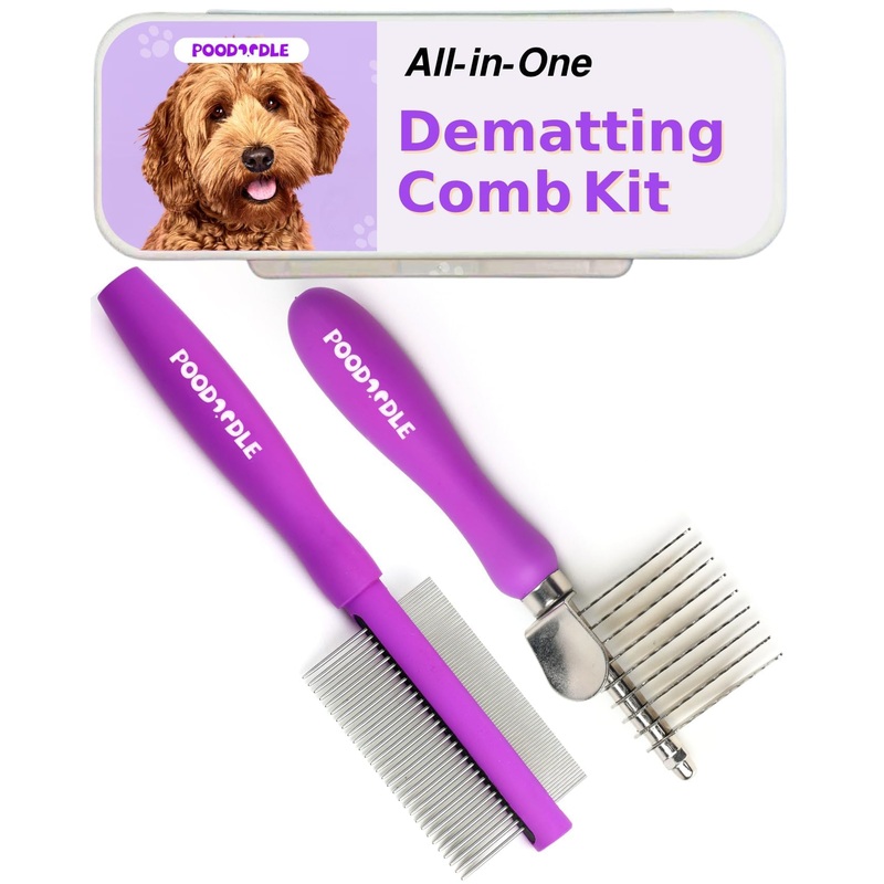 Pain-Free Dematting Comb Kit for Dogs & Cats, Dematting Rake & Detangling Dual-Side Comb Set, Dematting Brush for Dogs & Cats, Pet Grooming Tools Kit for Poodle Doodle & All Long Haired Pets