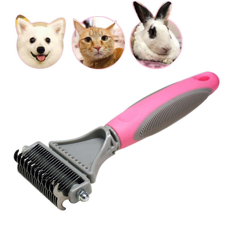 Pet Dematting Comb – 2 Sided Undercoat Rake for Cats & Dogs – Safe Grooming Tool for Easy Mats & Tangles Removing – Medium and Long Haired Cats Dogs Brush for Shedding Pink