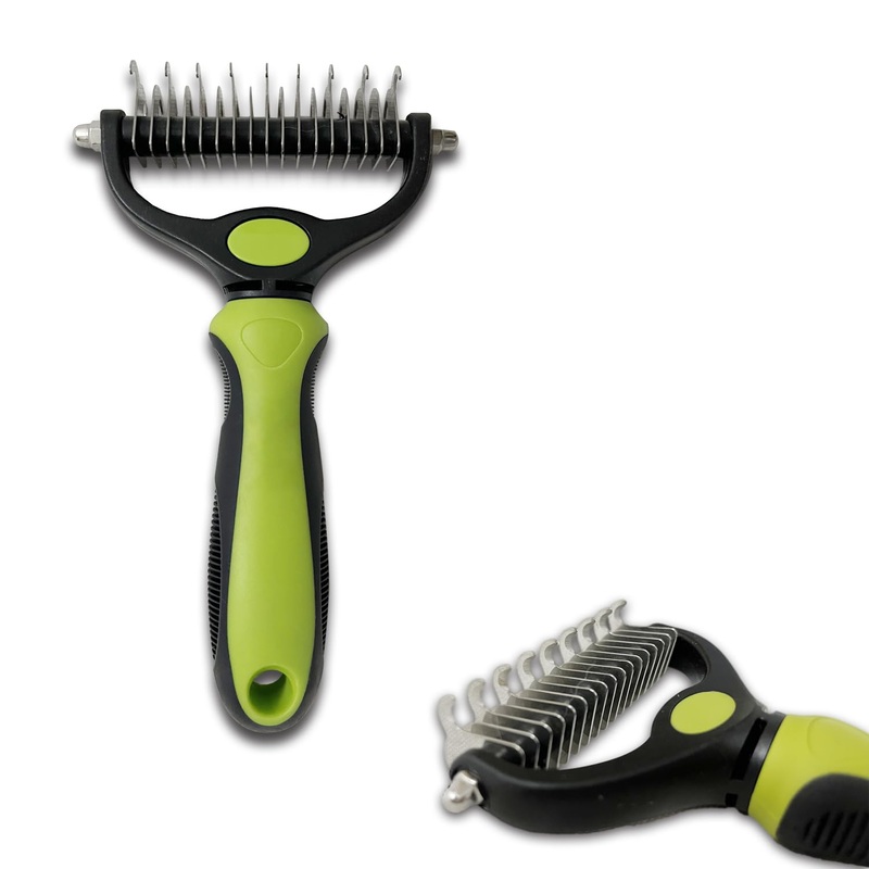 Pet Grooming Brush, 2 Sided Undercoat Rake for Dogs & Cats,Rake Brush for Long matted Haired Pets, Effective Dematting Mats&Tangles Removing (Green) Green