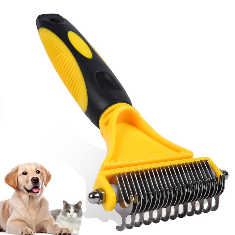 Pet Grooming Brush, Double Sided Undercoat Rake for Dogs & Cats, Professional Deshedding Brush and Dematting Tool, Safe and Effective Removing Knots, Mats, Tangles,and Flying Hair Yellow