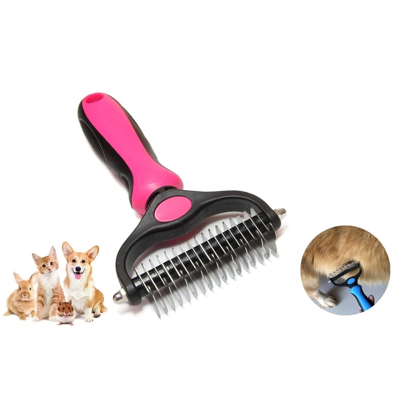 Pet Grooming Brush & Nail Clippers Trimmers – Double Sided Shedding and Dematting Undercoat Rake Comb for Dogs and Cats – Safe Dematting Comb for Easy Mats & Tangles Removing (Pink), Large