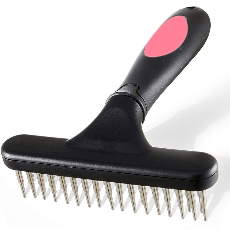 Pet Grooming Rake – Double Row Pins Shedding and Dematting Undercoat Rake Comb for Dogs and Cats – Safe Grooming & Deshedding Brush – Comb Out Mats & Tangles Easily Pink