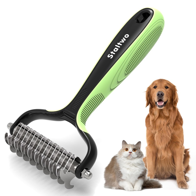 Pet Grooming Supplies – 2-in-1 Professional Undercoat Rake and Pet Brush | Shedding Control for Long Haired Dogs and Cats, Deshedding Tool, Furminator for Dogs, Green