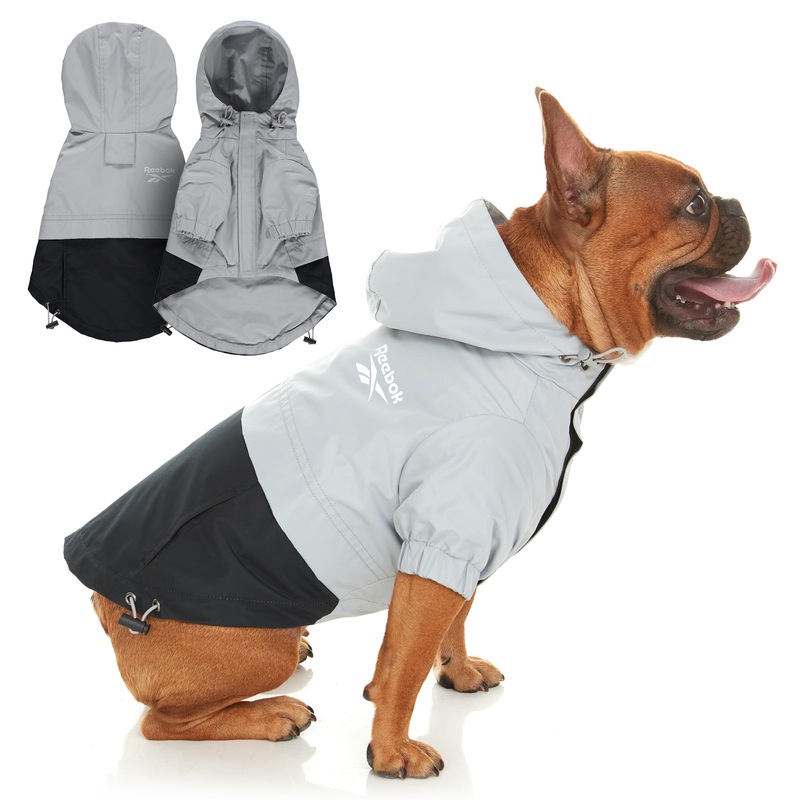 Reebok Dog Raincoat – Dog Coat with Hoodie, Waterproof Dog Rain Jacket for X-Small to Large Dogs, Adjustable Drawstring, Comes with Leash Hole, Premium Skin Friendly Lightweight Dog Rain Coat Grey