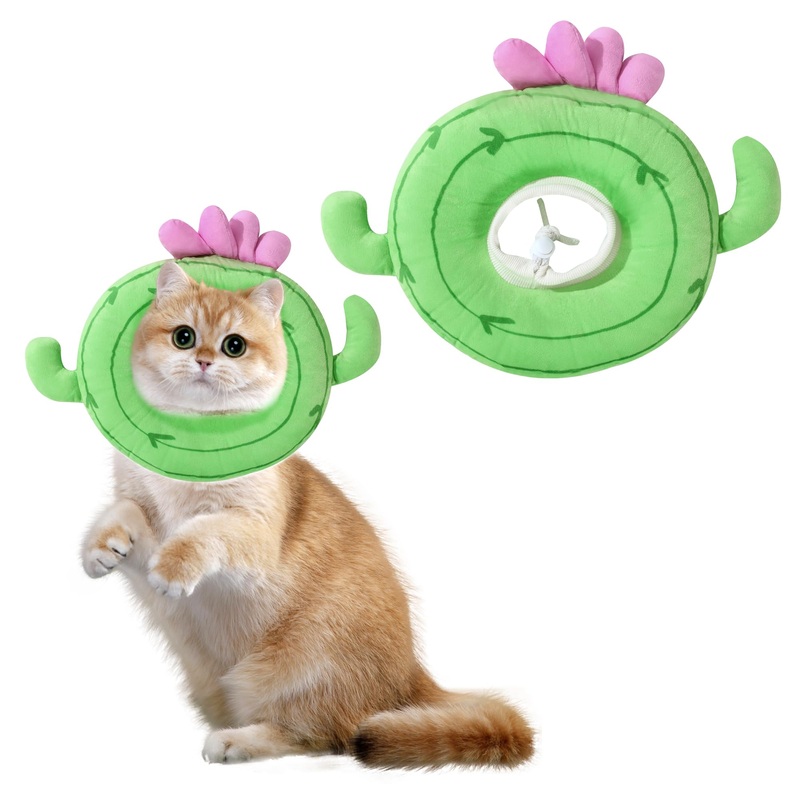 ROYALAY Adjustable Cat Cone Collar Soft, Cat Recovery Collar Prevent Licking and Scratching, Cactus Pattern Elizabethan Collar After Surgery for Kittens, Lightweight Cat Cones with Not Block Vision,S S