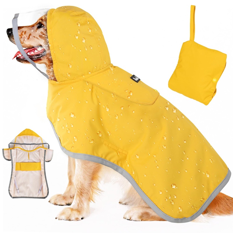 SlowTon Dog Raincoat, Adjustable Dog Rain Jacket Clear Hooded Double Layer, Waterproof Dog Poncho with Reflective Strip Straps and Storage Pocket for Small Medium Large Dog(XL) X-Large Yellow