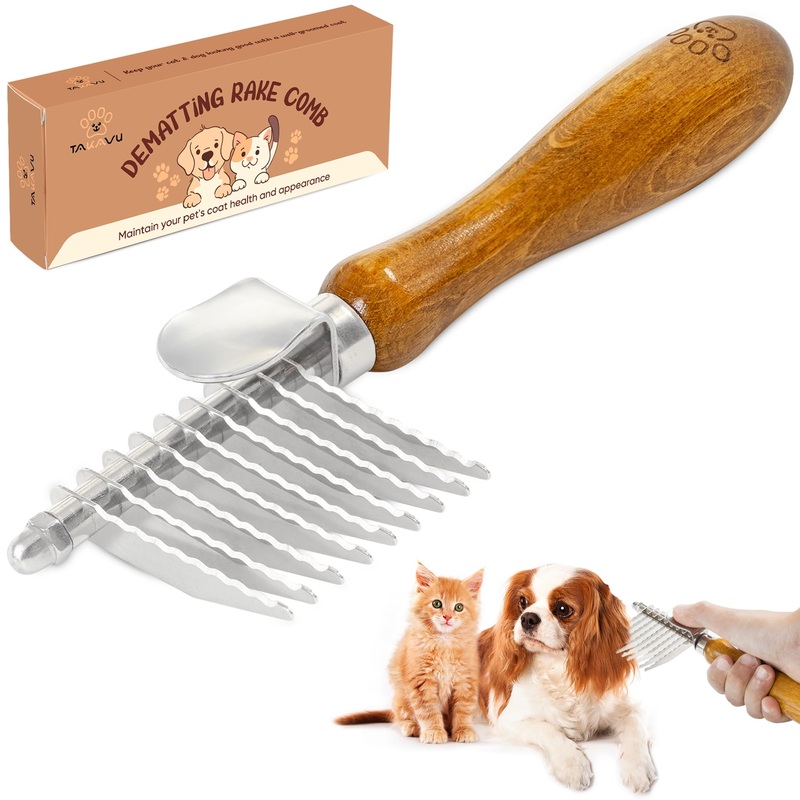 TAKAVU Dematting Fur Rake Comb Brush for Dogs and Cats, Safety Steel Blades Detangling Pet Brush, Undercoat Grooming Brush Cutting and Removing Dead Matted Knotted Hair for Doodles Poodles Terrier