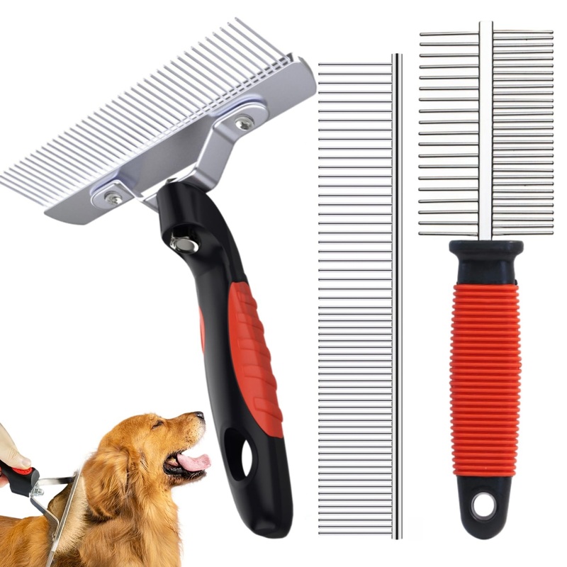 Undercoat Rake Brush Set, 3 Pack Long-Tooth Pet Brush – Dog Rake Brush & Steel Shedding Comb & Double-Sided Teech Comb for Double Coat Large Dogs, Horses