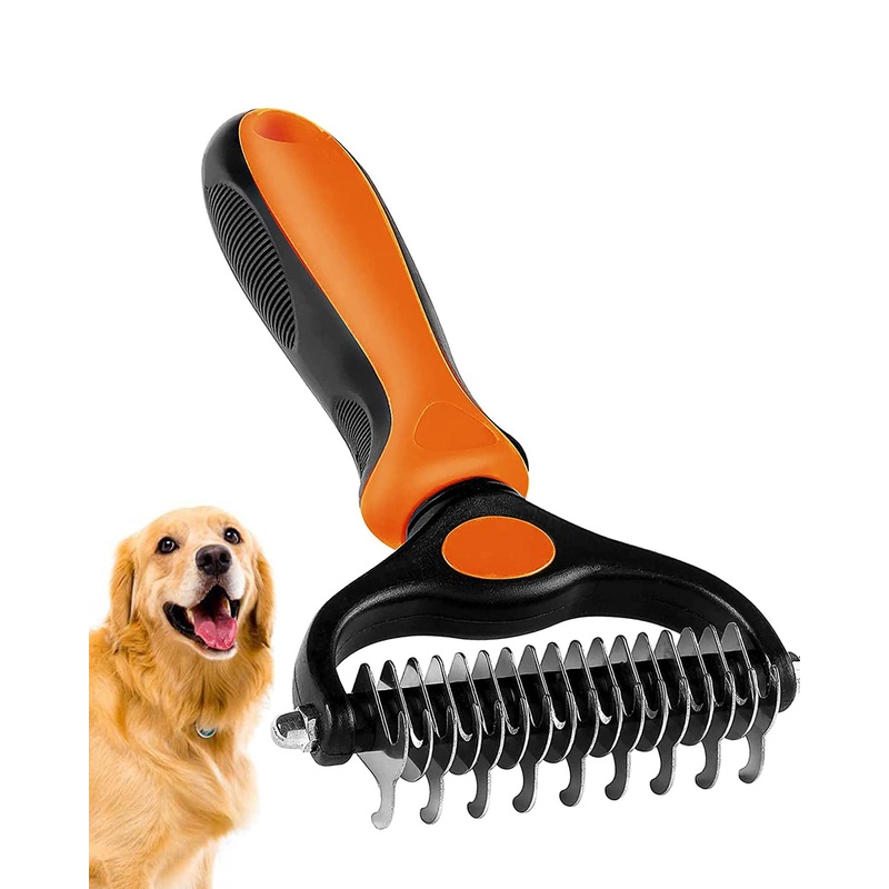 Undercoat Rake for Dogs, 2 in 1 Dematting Comb & Deshedding Tool for Long Hair Pets, Pet Hair Grooming Brush, Clear Mats and Tangles, Reduces Shedding by 95% Orange
