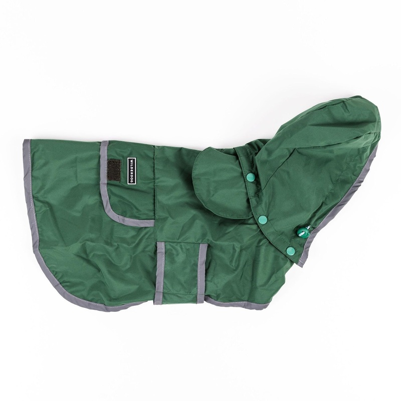 Wilderdog Dog Jacket Waterproof Raincoat with Breathable Interior, Removable Hood, Torso Strap, Secure Closures, Back Pocket and Two Hanging Loops, Foldable into Back Pocket Medium Green