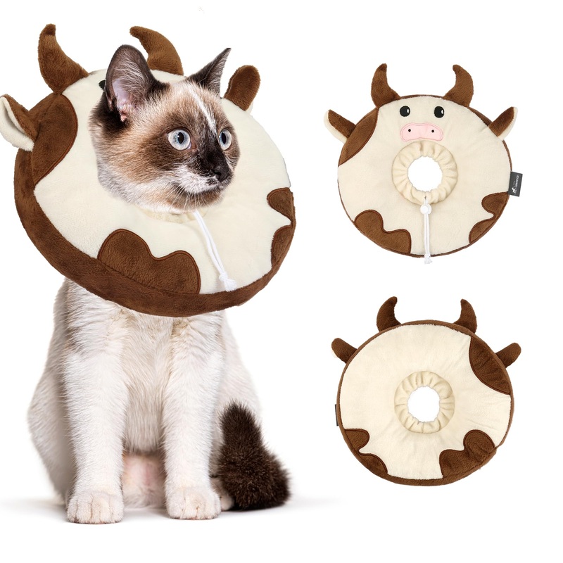 Adjustable cat Cone Collar Soft to Stop Licking After Surgery for Kitten, Alternative to Cone of Shame cat, Donut Cone for Cats, pet Elizabethan Collar (Cow, Medium) Cow