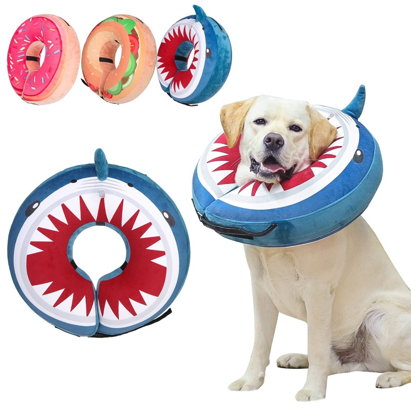 BEAUTYZOO Dog Cone Alternative After Surgery for Large Medium Small Dogs, Soft Inflatable Cone Collar for Dogs Cats, Dog Neck Donut E Collar Dog Recovery Collar to Stop Licking, Shark Blue, M M(Neck:13″-16″) Shark Donut