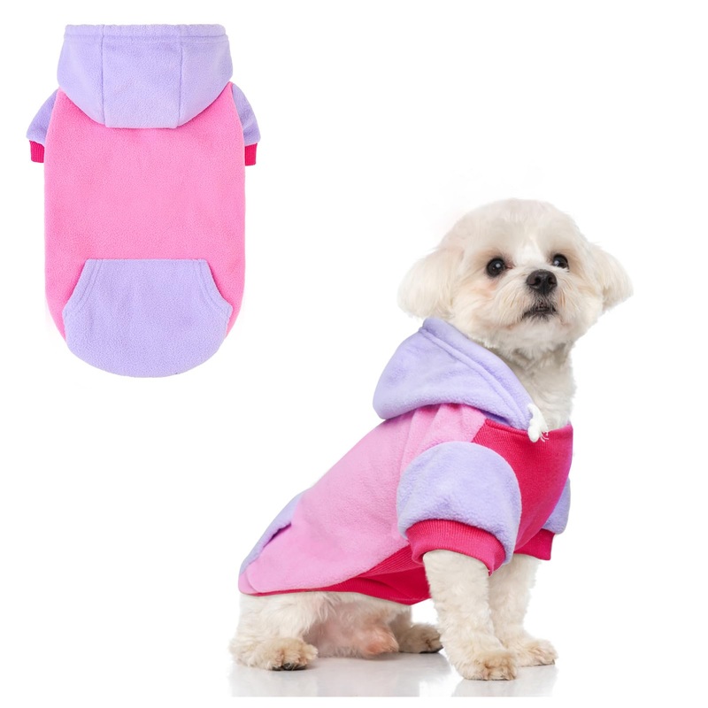 BEAUTYZOO Fleece Dog Hoodie Sweatershirt with Pocket and Leash Hole, Stretchy Small Medium Large Sized Dogs Clothes for Fall Winter Cold Days, Color Designer Warm Dog Jackets,French Bulldog Coats S (Back: 12″,Chest: 16″, Neck: 10″) Pink