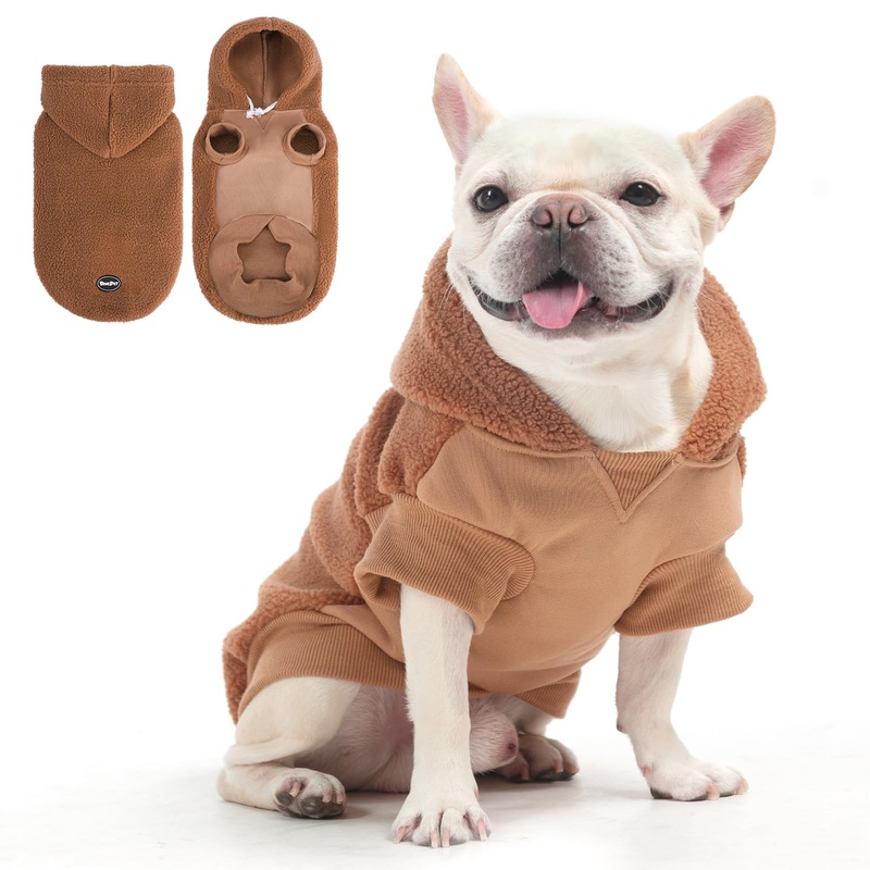 BINGPET Dog Hoodie Dog Sweater with Leash Hole, Warm Fleece Dog Sweatshirt with Hood, Cold Weather Dog Clothes Winter Coat for Puppy Small Medium Large Dogs Boy and Girl(Brown,M) Brown