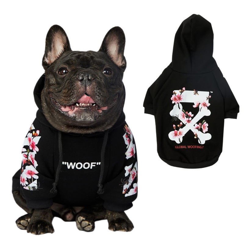 ChoChoCho Woof Dog Hoodie, Designer Dog Hoodies for Small Medium Large Breeds, Art Collection Dog Sweatshirts, Street Drawstring Hoodies Outfit Clothes for Puppy Puppies (L, Sakura/Black) L (Chest: 17”-19” / Suggest: 8-15 lbs) Woof-Sakura/Black