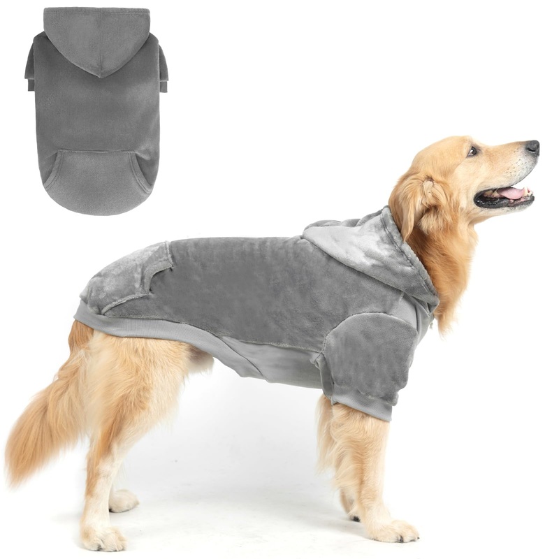 EXPAWLORER Flannel Basic Dog Hoodie – Warm Soft Dog Sweater with Leash Hole and Pocket, Dog Cold Weather Clothes, Dog Winter Coat, Fall Sweatshirt for Large Dogs Boys Girls, Grey XL X-Large