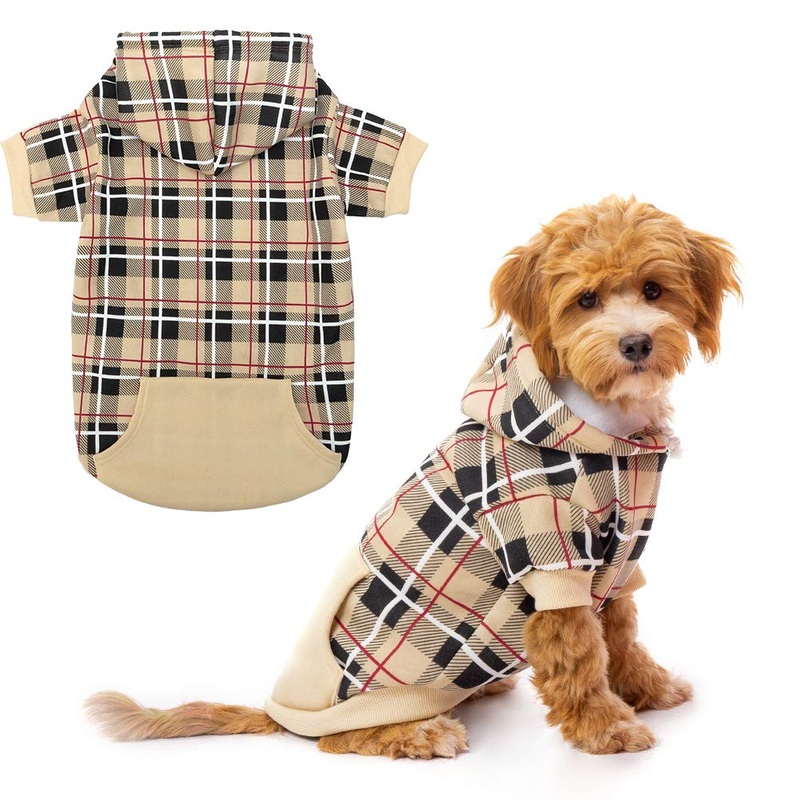 EXPAWLORER Plaid Dog Hoodie – British Style Soft and Warm Dog Sweater with Leash Hole, Hooded Cold Weather Clothes, Dog Sweatshirt, Outfits, Winter Coat for Small Medium Large Dogs Beige