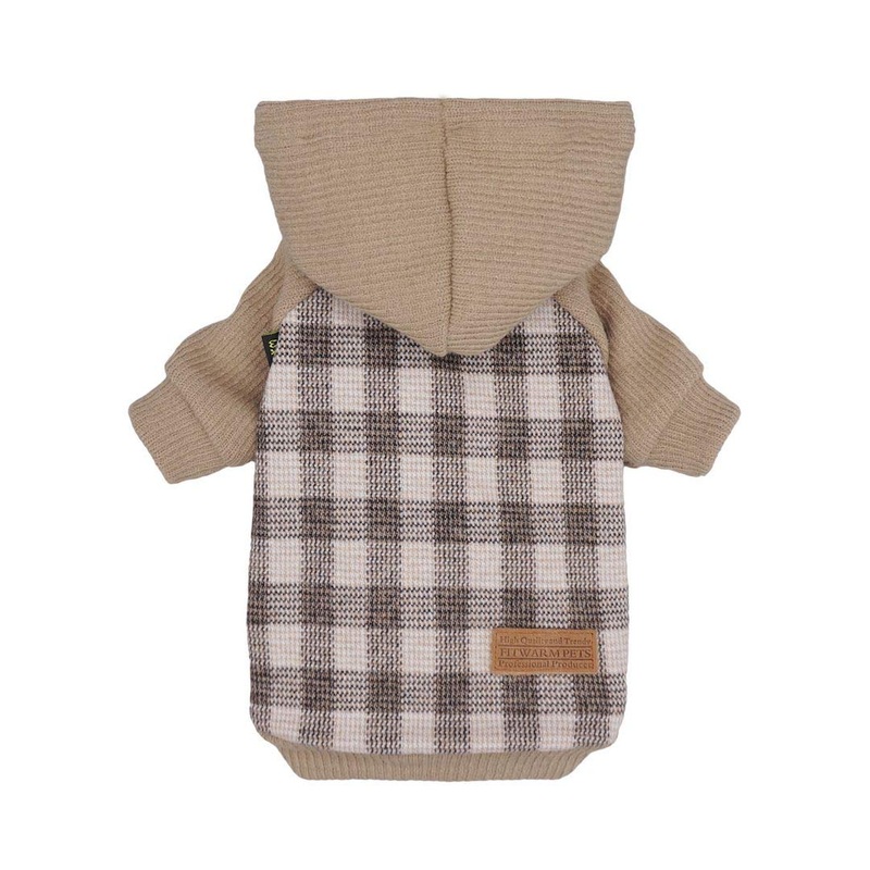 Fitwarm Tartan Plaid Dog Hoodie, Knitted Dog Clothes for Small Dogs Boy, Pet Sweatshirt, Knitted Sweater, Beige, Small Khaki
