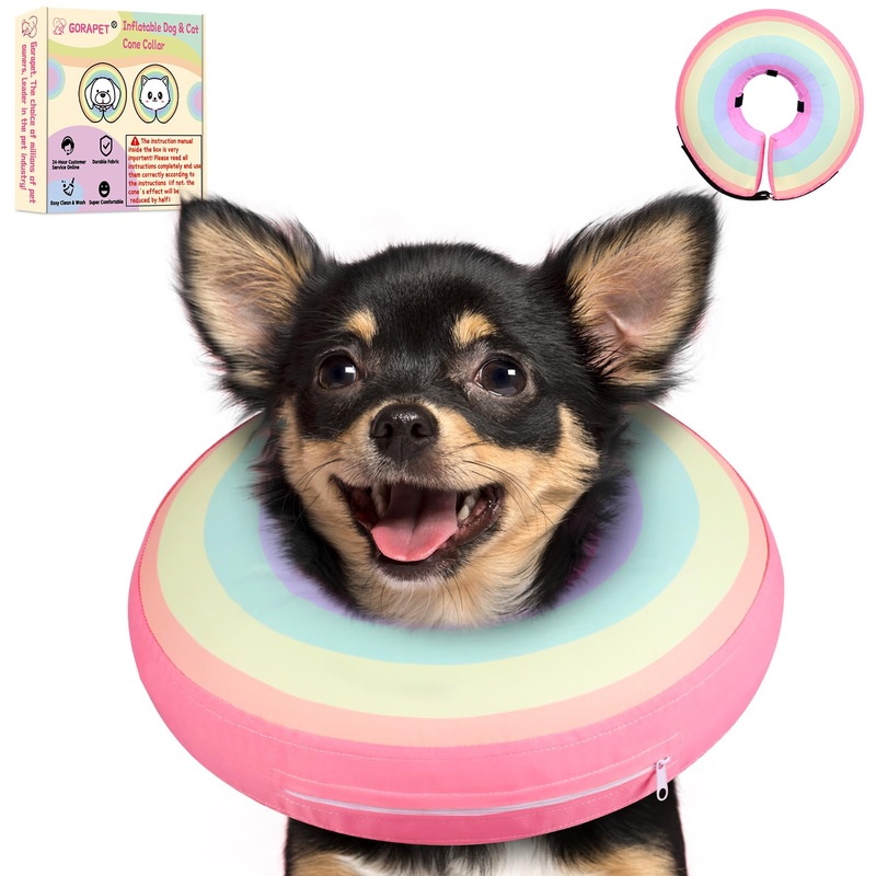 Inflatable Dog Cone Collar Alternative After Surgery, Soft Donut Neck Cone for Yorkshire Pomeranian Small Dogs & Adult Cat, etc, Comfortable Protective E Collar Recovery Cone Not Block Vision Rainbow Small Sized(Neck:6.7-10.2in)