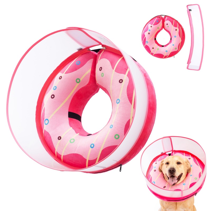 Inflatable Dog Cone Collar for Large Medium Small Dogs, Soft Dog Donut Collar Adjustable Recovery Cone for Pets After Surgery, Extra Enhanced Anti-Licking Guard Shield (Pink Donut, Large) Pink Donut