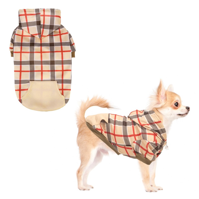 KOOLTAIL Plaid Dog Hoodie for Small Medium Large Dogs – Pet Clothes Sweater with Hat and Pocket for Cold Weather Winter, Warm Soft Dog Hooded Sweatshirt Coat Outfit for Puppy Cats Girls Boys Beige S