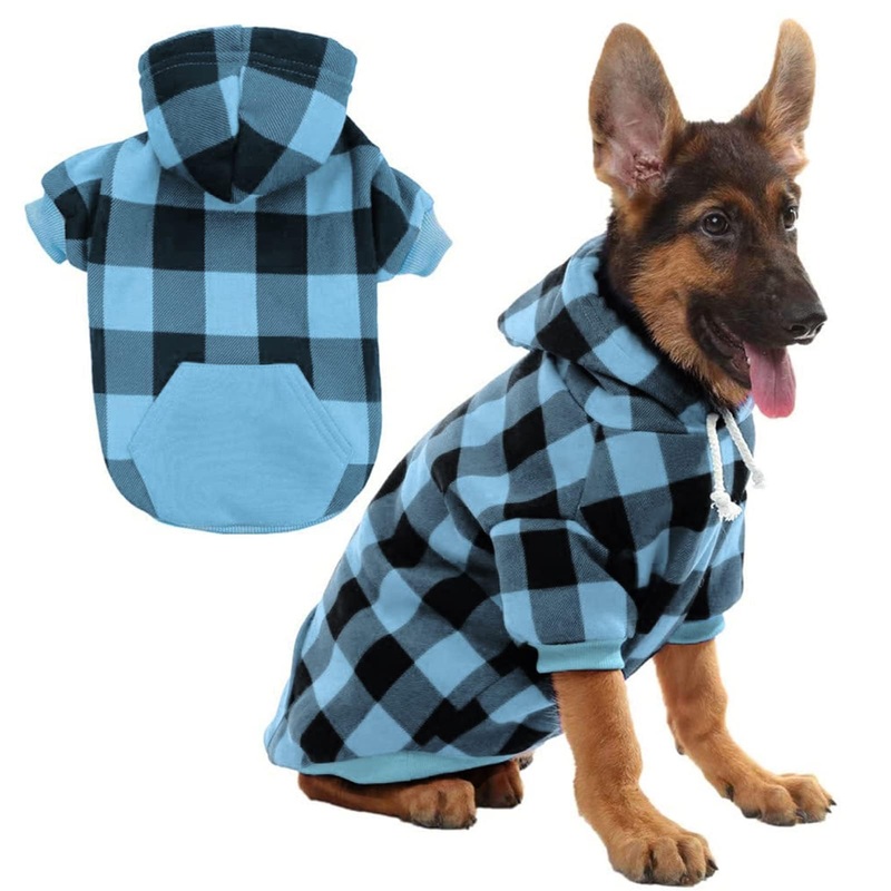 KOOLTAIL Plaid Dog Hoodie Pet Clothes Sweater with Hat and Pocket for Small Medium Large Size Dogs, Soft Winter Warm Dog Cold Weather Coat, Fleece Fall Dog Hooded Sweatshirt for Puppy Cats, Blue L Large (Pack of 1)