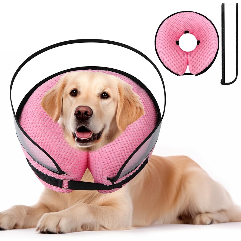 Soft Dog Cone, Dog Cone Collar After Surgery, 2-in-1 Dog Cone Alternative with Enhanced Anti-Licking Guard Shield, Adjustable Inflatable Dog Cone, Dog Cones for Large Medium Small Dogs Cats (Pink,M) Pink Medium[Neck:9″-15″]