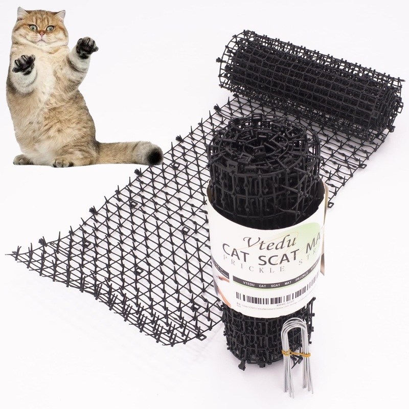 VTEDU Cat Bed Mat Indoor & Outdoor, Cat Deterrent Mat Cat Repellent Mat, Cat Scat Mat(6.5ft), Scat Mats for Dogs – Cat Spikes with 8 Staples for Garden, Black