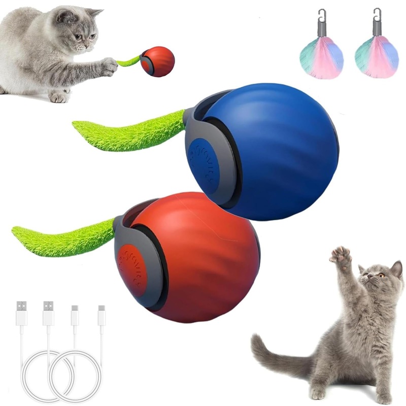 2PC Speedy Tail 2.0,Speedy Tail 2.0 Cat Toy,2025New Indoor Interactive Cat Toy,Dual Speed Regulation,USB Rechargeable Smart cat Ball,with Replacement TailBlue+Orange