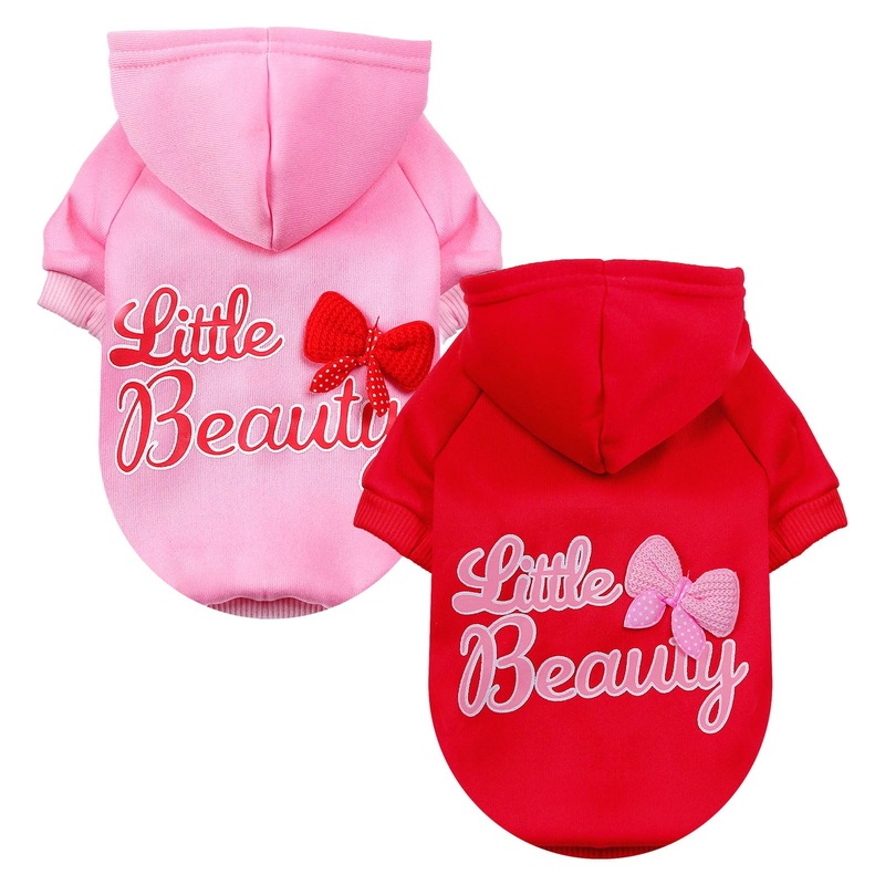 BAEJMJK 2 Pack Dog Hoodie with Hat Bowtie Girl Dog Sweatshirt with Leash Hole Soft Warm Pet Clothes Sweaters Dog Jacket Puppy Coat Doggie Apparel for Fall Winter Small Dogs Cats(Pink+Red,Medium) Medium Pink+Red