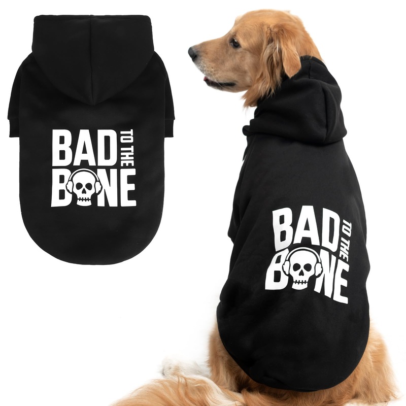 BINGPET Dog Hoodie,Bad to The Bone Lettered Dog Sweater with Leash Hole,Warm and Soft Fleece Dog Sweatshirt with Hood,Cold Weather Dog Winter Coat Pet Clothes for Small Medium Large Dogs,XL X-Large (Chest Girth 34″) Black(Bad to The Bone)