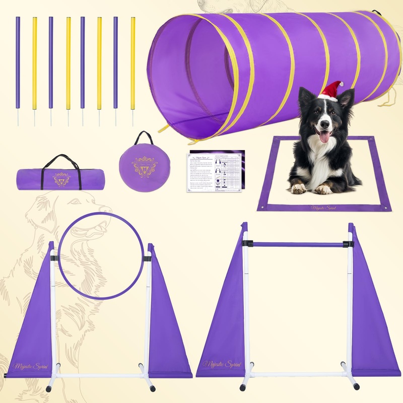 Dog Agility Course Backyard Set, Dog Agility Training Equipment, Dog Obstacle Course Backyard Starter Kit with Play Tunnel, Agility Hurdle, Weave Poles, Jump Ring, Pause Box & Storage Bag