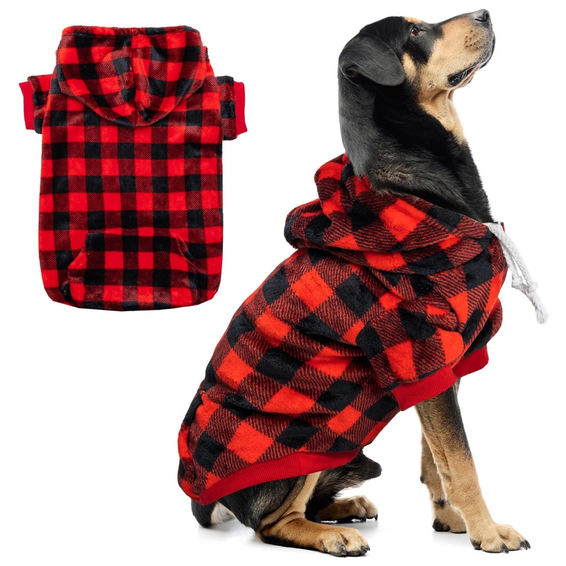 Dog Hoodie for Large Meidum Small Dogs, Winter Plaid Fleece Warm Hooded Dog Hoodies Christmas Pet Sweatshirt Clothes with Pockets for Cold Weather (S-XXL)