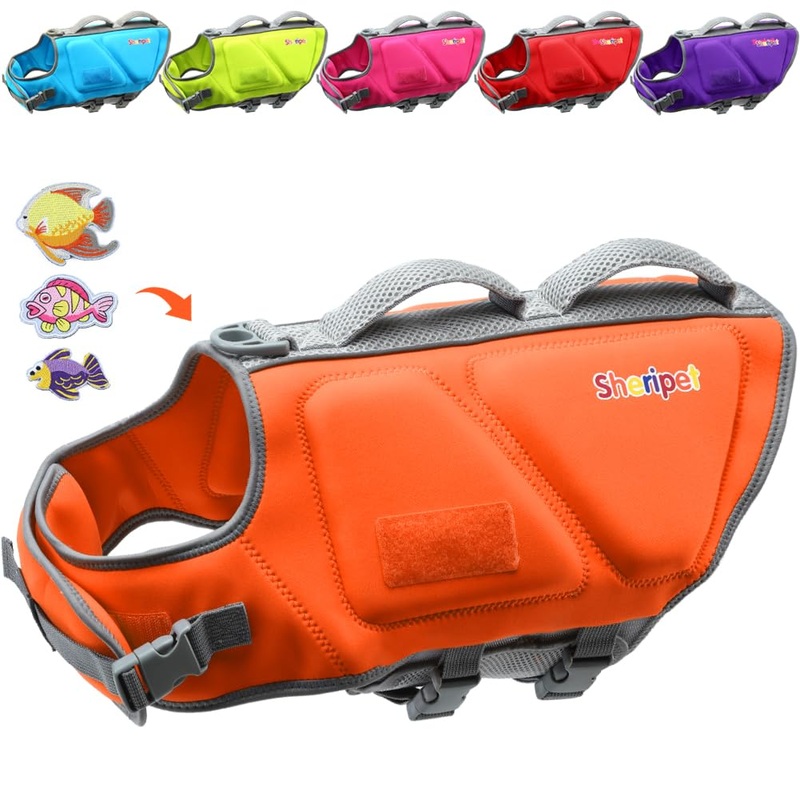 Dog Life Jacket for Large Dogs, Dog Life Vest for Swimming with Three Fashion Fabric PatchesDog Life Jacket with Reflective Stripes and Two Rescue Handle, Dog Flotation Vest, XL X-Large Orange