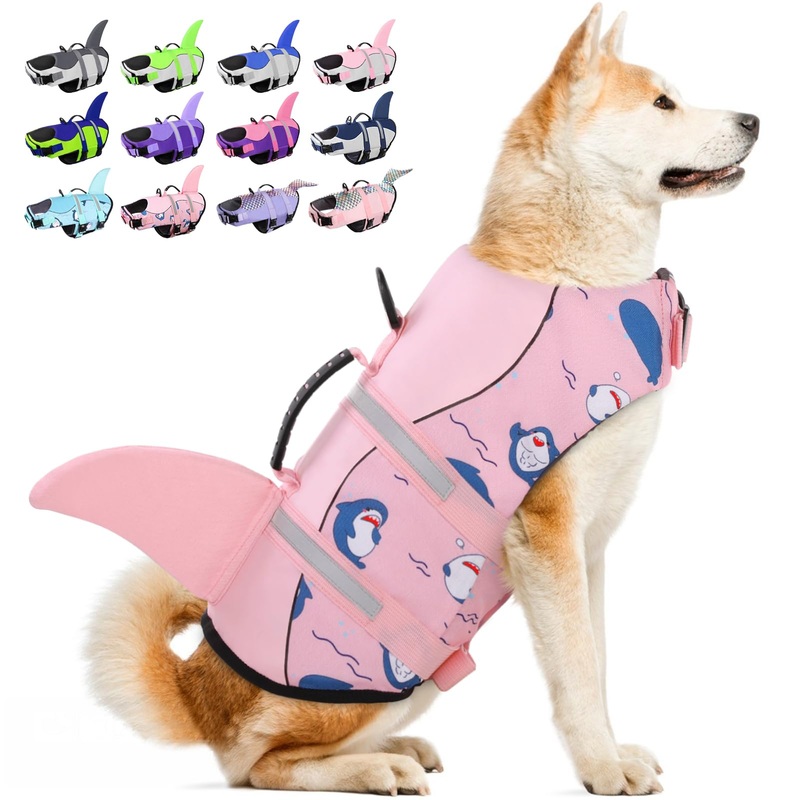 Dog Life Jacket, Large Dog Life Vest for Swimming Boating, Shark Life Jackets for Small Medium Large Dogs, Reflective Dog Lifesaver Life Preserver Swimsuit with Rescue Handle and High Buoyancy X-Large Pink Dophin Shark
