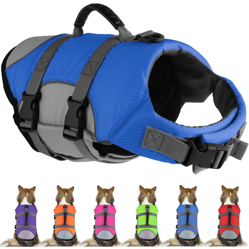Dog Life Jacket, Reflective Adjustable Dog Life Vest with Rescue Handle for Swimming and Boating, Ripstop Pet Safety Life Preserver for Small, Medium and Large Dogs Blue