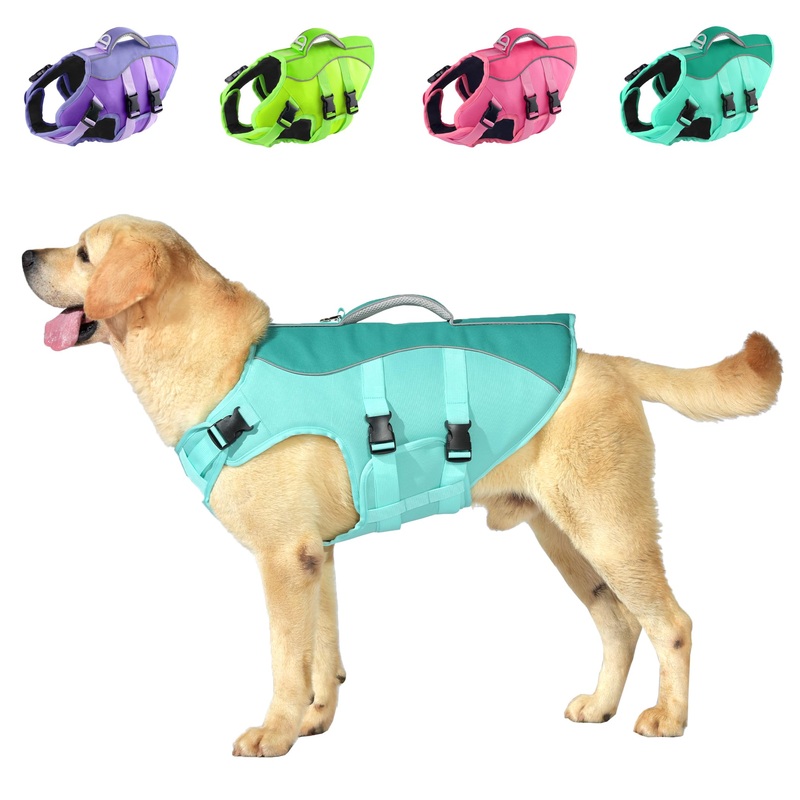 Dog Life Jacket, Reflective Dog Harness Life Vest with Rescue Handle for Swimming Boating, Adjustable High Buoyancy Flotation Swim Vest for Small Meium Large Dogs – Pine Green, S