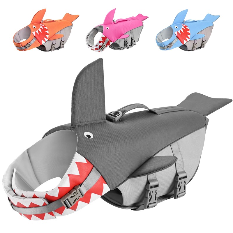Dog Life Jacket Swimming Vest: Shark Dog Life Vest for Large Dogs, Adjustable Ripstop Pet Life Preserver for Swimming Boating – with Reflective Stripes & Rescue Handle (Grey) L Grey