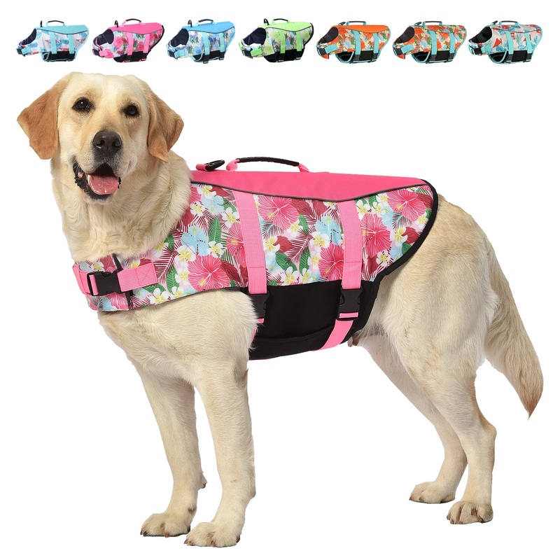 Dog Life Jacket Vest Swimming Adjustable Puppy Life Vests, Ripstop Life Jackets for Small Medium and Large Dogs High Visibility Flotation with Rescue Handle for Water Swim Boating HuntingXL X-Large Flower+Pink