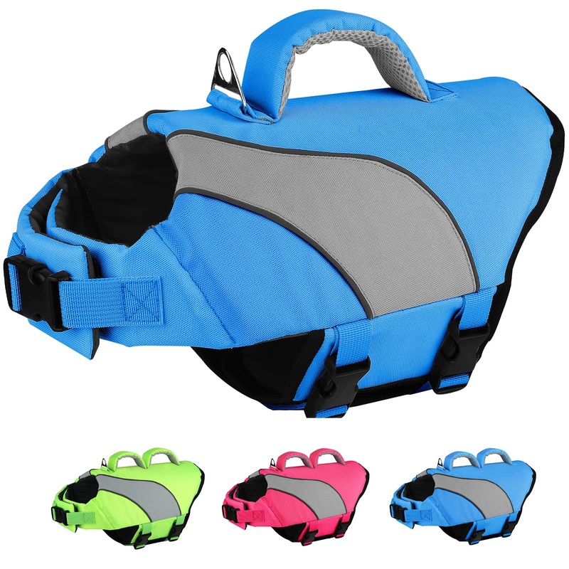 Doglay Dog Life Jacket, Swimming Safety Vest with Rescue Handles and Reflective Stripes, High Visibility Dog Life Vest for Boating, Heavy Duty Pet Safety Vest for Small Medium and Large Dogs. S :16.1″-20.9″ (Ribcage Girth)- Single Handle Blue+Gray