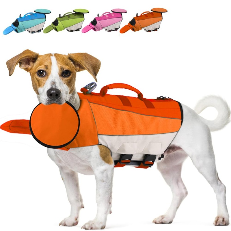 EMUST Dog Swimming Vest, Dog Life Jackets, Ripstop Dog Lifesaver with Rescue Handle, Adjustable Dog Flotation Vest for French Bulldog, Dachshund, Corgi, Orange, M Medium
