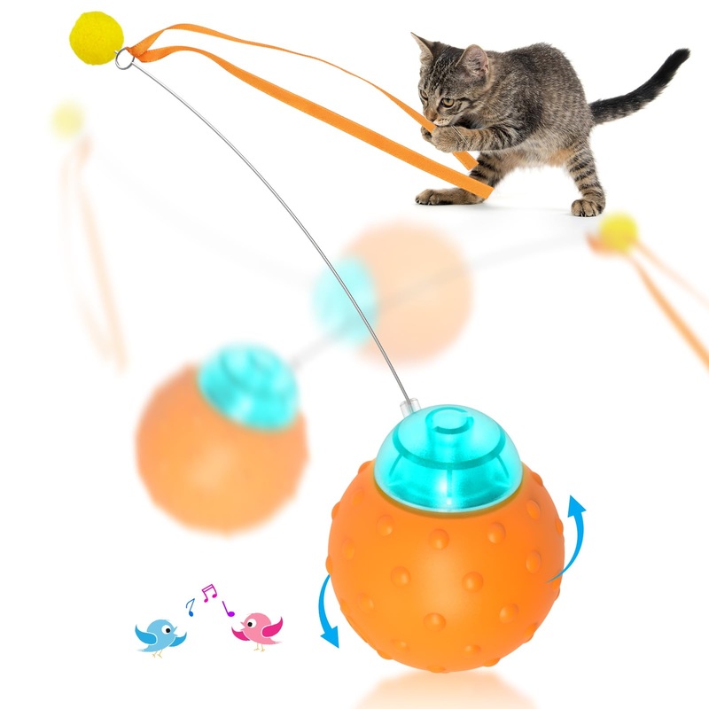 Interactive Cat Toy Ball, Touch Activated Cat Toys for Indoor Cats with Chirping Bird, Automatic Rolling Ball, Rechargeable Self Play Cat Toys Yellow