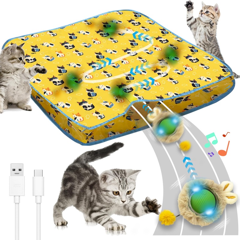 Interactive Cat Toys for Indoor Cats, Interactive Cat Ball Fast Rolling in Pouch, Hide and Seek Cat Toy for Bored Indoor Kitten Toys with LED Light, 28 Inch Cat Play Mat