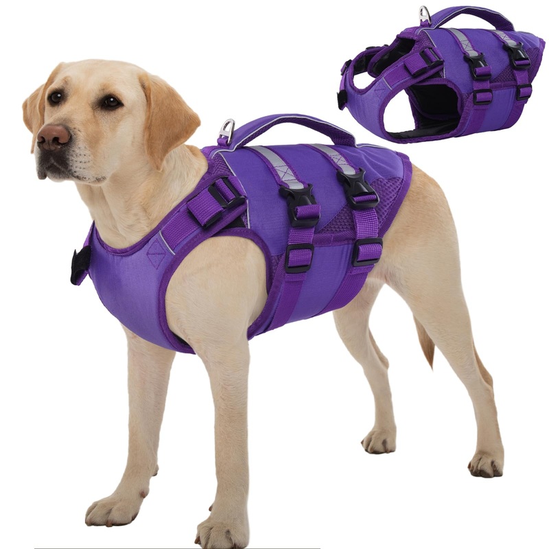 Kuoser Dog Life Jacket, High Flotation Dog Life Vest for Swimming Boating, Adjustable Ripstop Dog Lifesaver for Small Medium and Large Dogs, Reflective Safety Pet Life Preserver with Rescue Handle X-Large (Chest Girth:25.98-33.46”) Purple