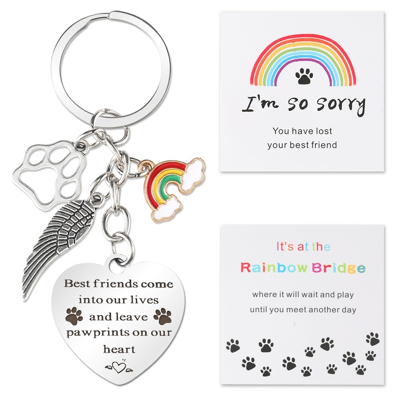 Pet Memorial Keychain Cat and Dog Memorial Gifts, Memorial Gifts for Loss of Pet Leave Pawprints on Our Heart Rainbow Bridge Pet Keychain Memorial Gift