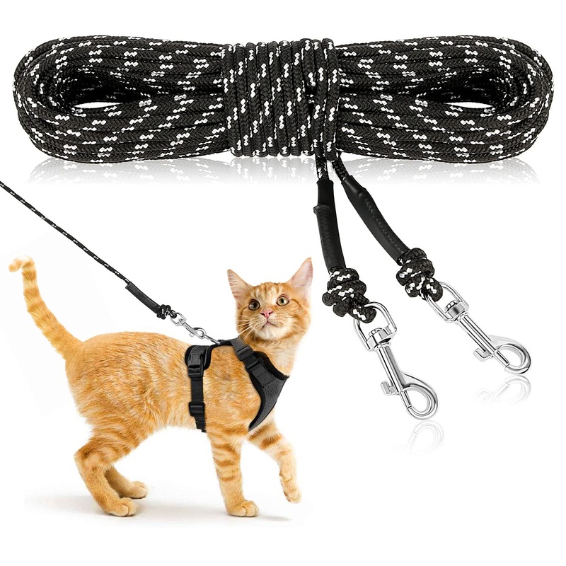 Rypet Reflective Cat Long Leash – 30 FT Escape Proof Walking Leads Yard Long Leash Durable Safe Personalized Extender Leash Traning Play Outdoor for Kitten, Puppy, Rabbit and Small Animals Black