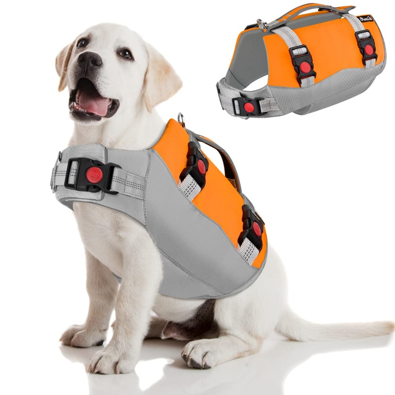 SlowTon Dog Life Jacket, Adjustable Ripstop Dog Life Vest with One Piece Belly Support Superior Buoyancy, Skin-Friendly Neoprene Pet Safety Flotation Vest for Swimming Boating Pool Beach(Orange,M) Medium Grey & Orange