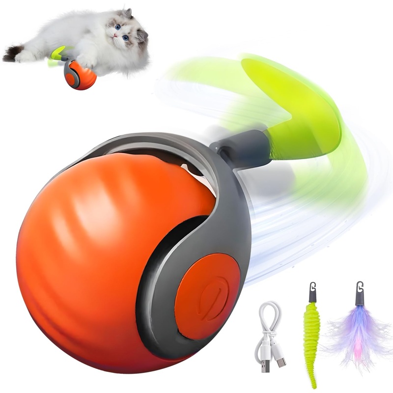 Speedy Tail 2.0, Speedy Tail Cat Toy, Interactive Cat Toys for Indoor Cats, Smart Interactive Cat Toy Balls, Automatic Moving Cat Toy Ball, Self Rolling Cat Toy Ball with Tail (Orange) orange