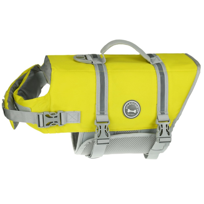 VIVAGLORY Ripstop Dog Life Jacket for Small Medium Large Dogs Boating, Dog Swimming Vest with Enhanced Buoyancy & Visibility, Yellow Grey S: 17-21 inch (Ribcage Girth)